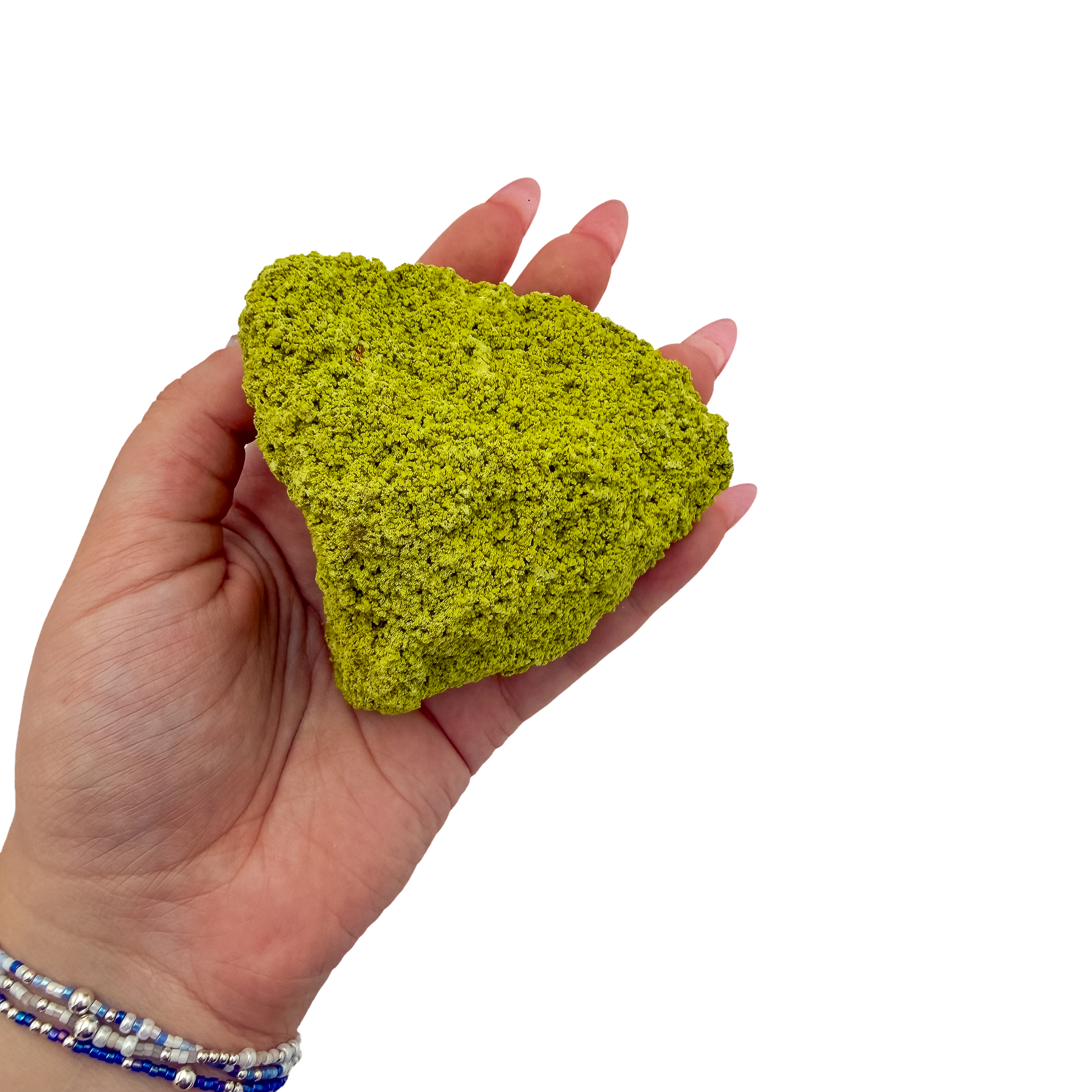 Nontronite specimen no. 15 held in an open hand, showing the true size of this 3.17 inch, 138 gram piece.