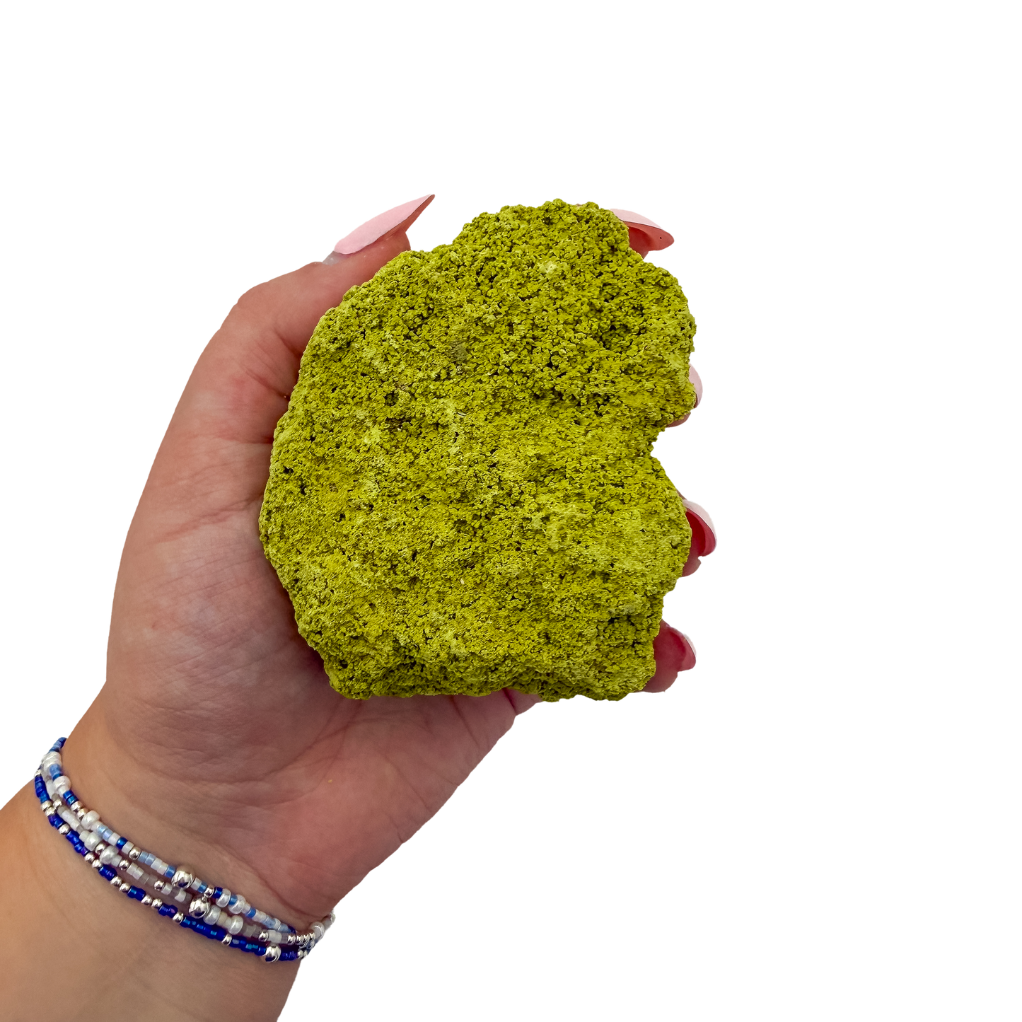 Scale reference for nontronite no. 17: the 3.40 by 2.13 inch specimen resting in an open hand.