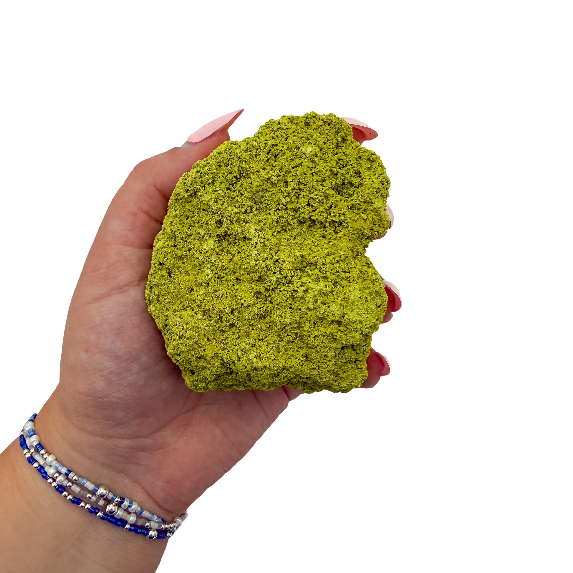 Scale reference for nontronite no. 17: the 3.40 by 2.13 inch specimen resting in an open hand.