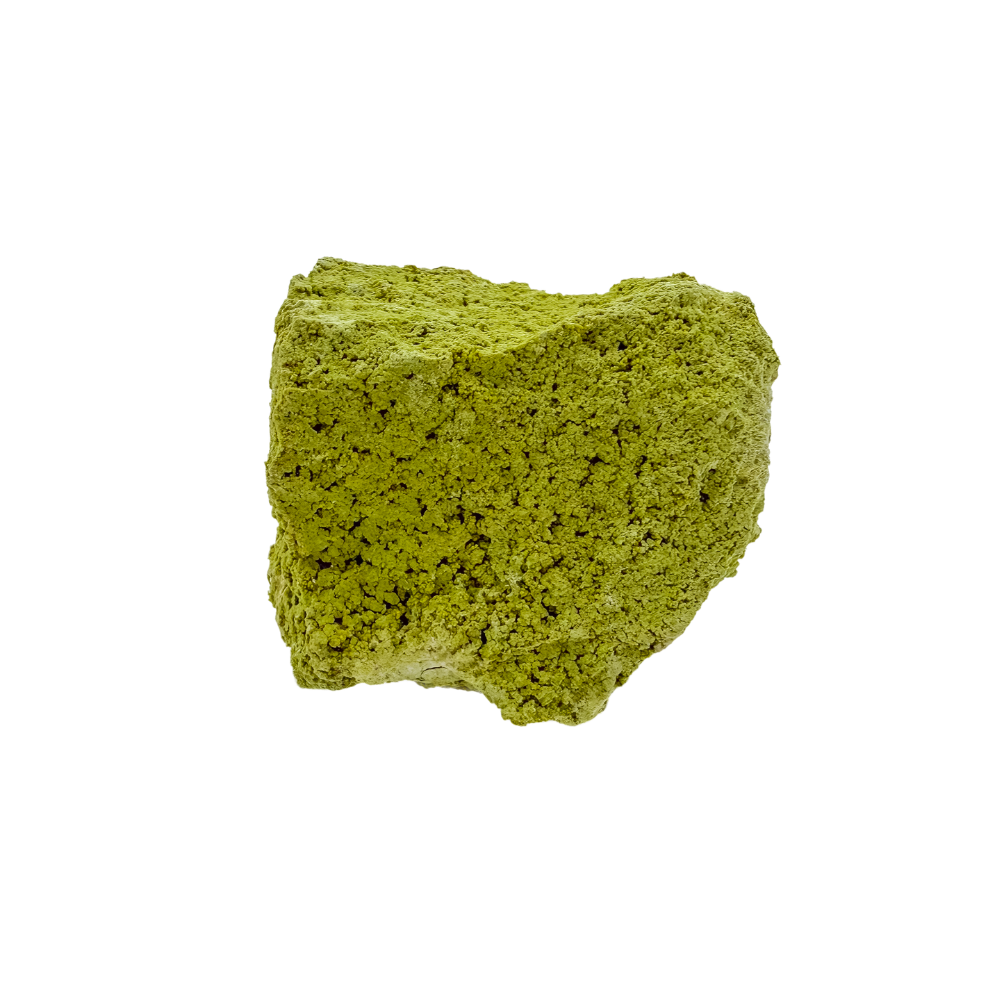 The left profile of nontronite no. 18, a 2.17 inch tall piece whose yellow-green surface reads as clustered bubbles.