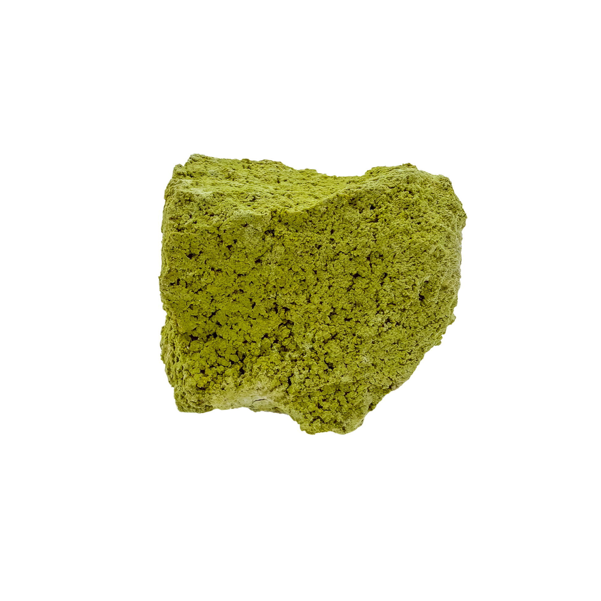 The left profile of nontronite no. 18, a 2.17 inch tall piece whose yellow-green surface reads as clustered bubbles.
