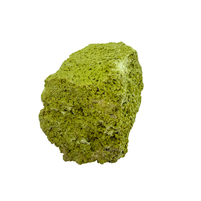 Primary display face of a 218 gram nontronite specimen, no. 18, its rounded olive-green growths covering weathered host rock.