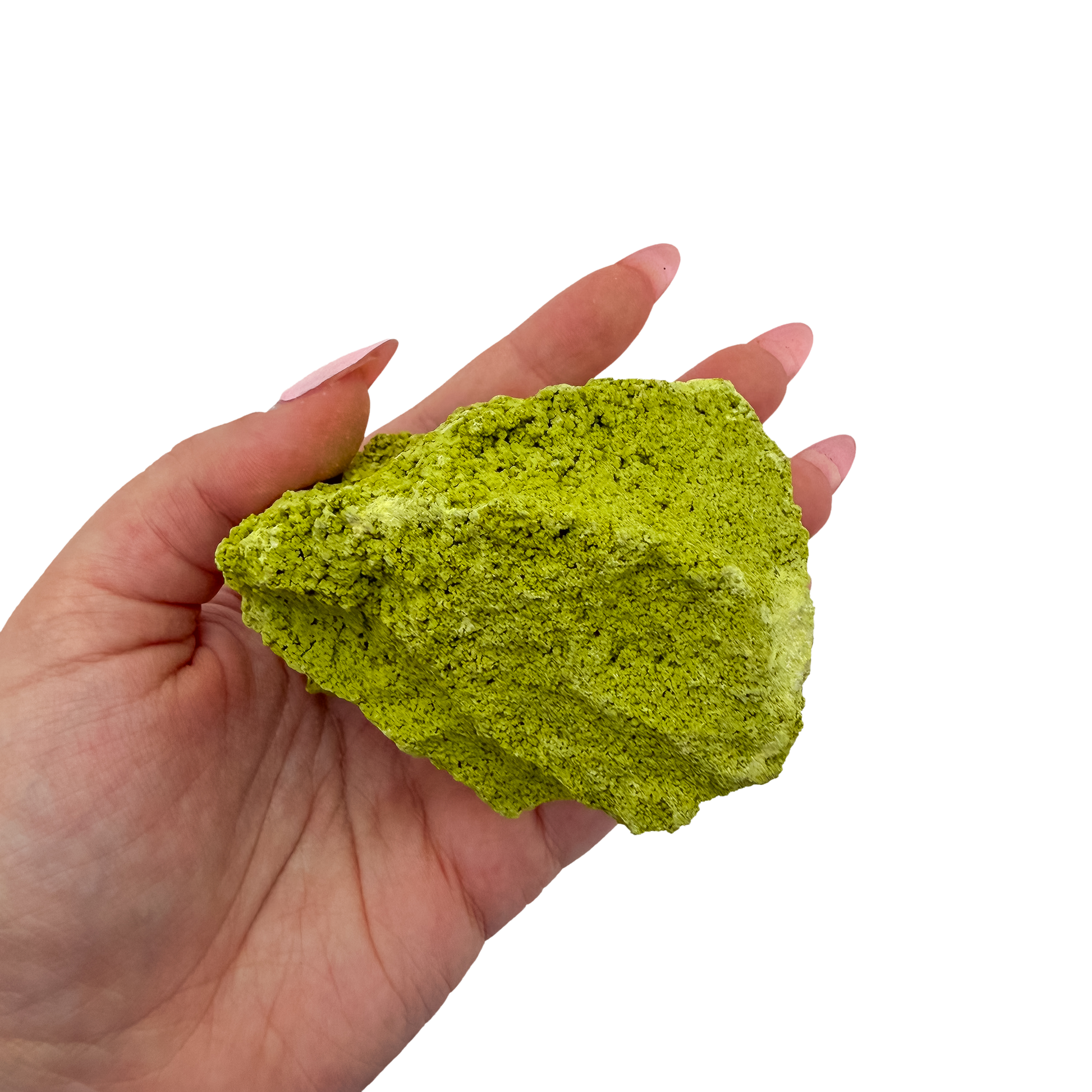 Nontronite no. 18 cupped in a hand, giving a sense of the 2.17 inch height and 218 gram weight.