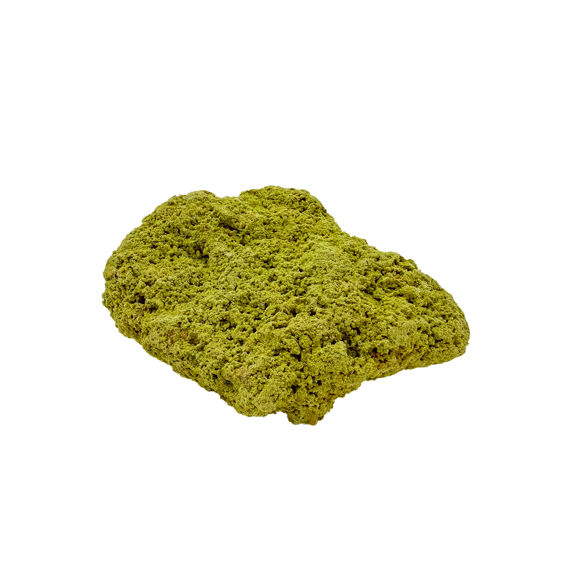 Collector-grade Brazilian nontronite no. 20 photographed from the reverse side, 3.56 by 2.82 inches of bubbled green clay mineral.