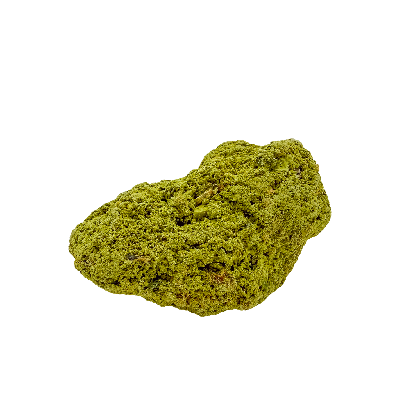 The left profile of nontronite no. 20, a 1.66 inch tall piece whose yellow-green surface reads as clustered bubbles.