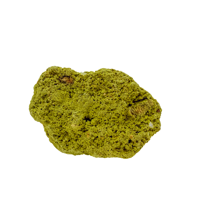 Primary display face of a 134 gram nontronite specimen, no. 20, its rounded olive-green growths covering weathered host rock.