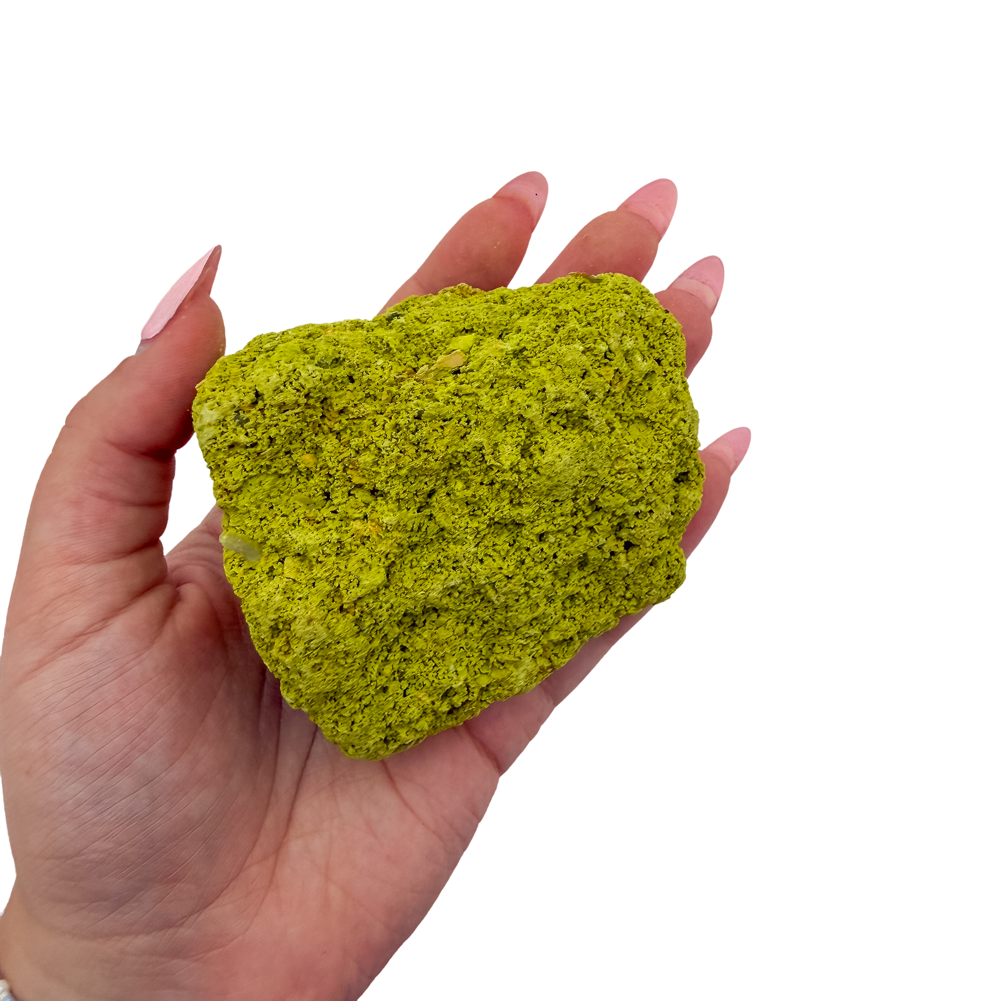 Nontronite specimen no. 20 held in an open hand, showing the true size of this 3.56 inch, 134 gram piece.