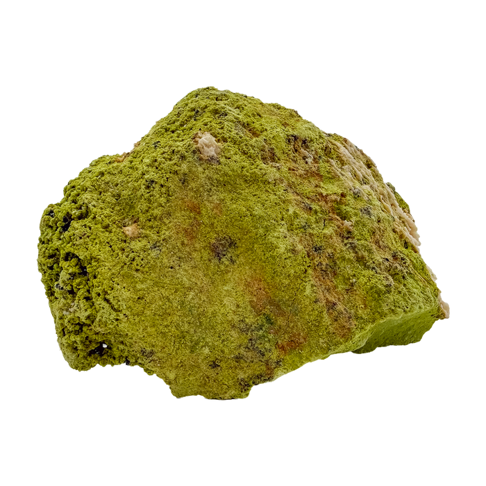 Primary display face of a 324 gram nontronite specimen, no. 22, its rounded olive-green growths covering weathered host rock.