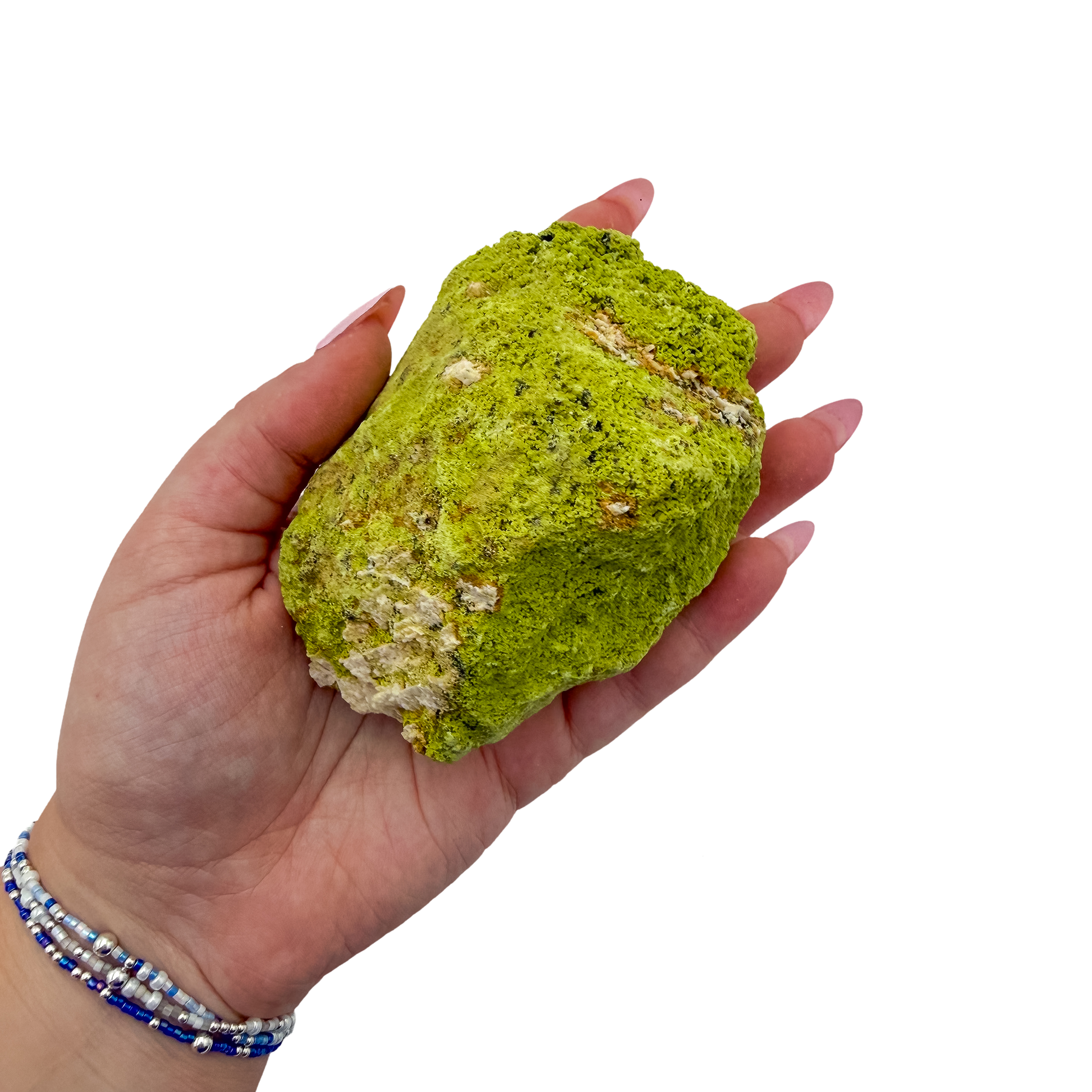 Scale reference for nontronite no. 22: the 3.76 by 2.74 inch specimen resting in an open hand.