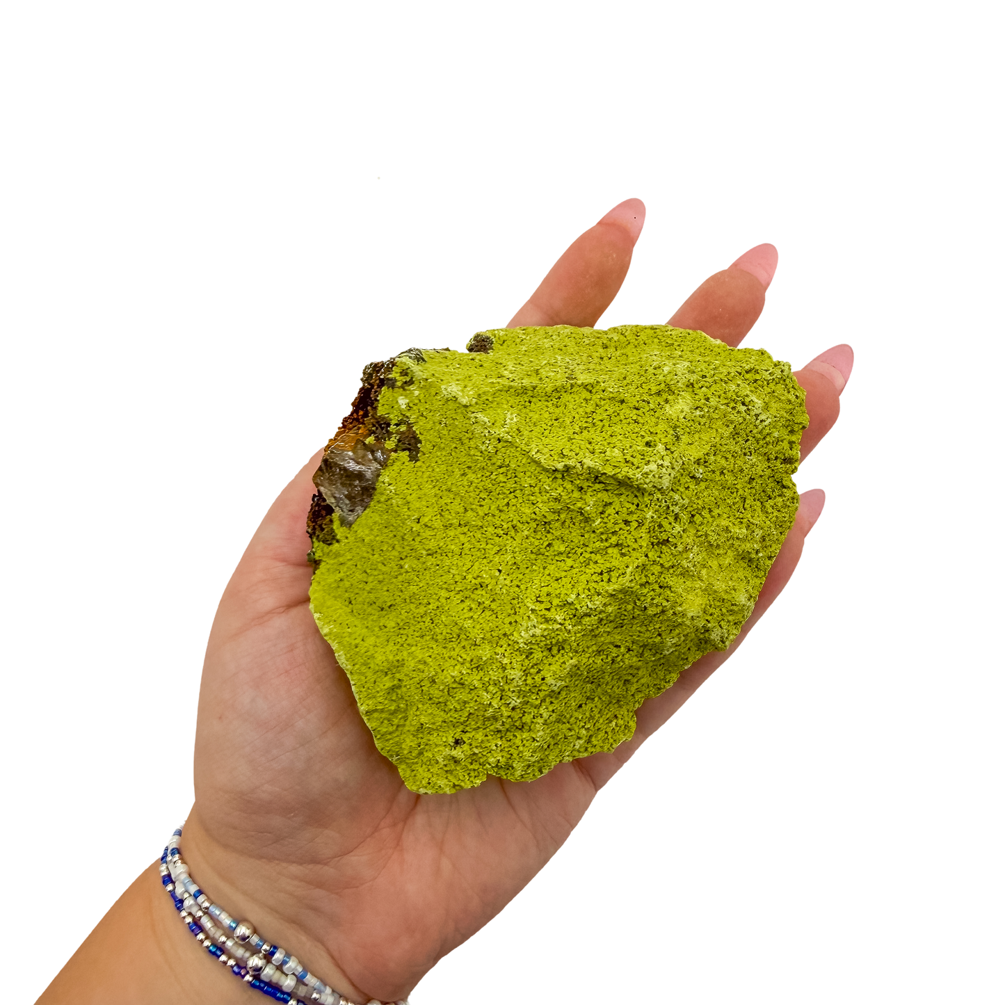 Nontronite no. 23 cupped in a hand, giving a sense of the 2.74 inch height and 338 gram weight.