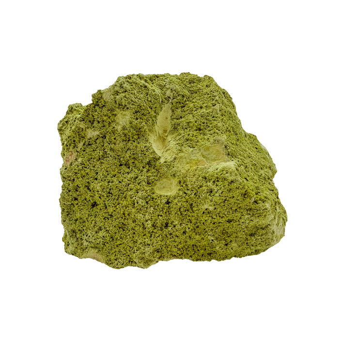 Primary display face of a 340 gram nontronite specimen, no. 24, its rounded olive-green growths covering weathered host rock.