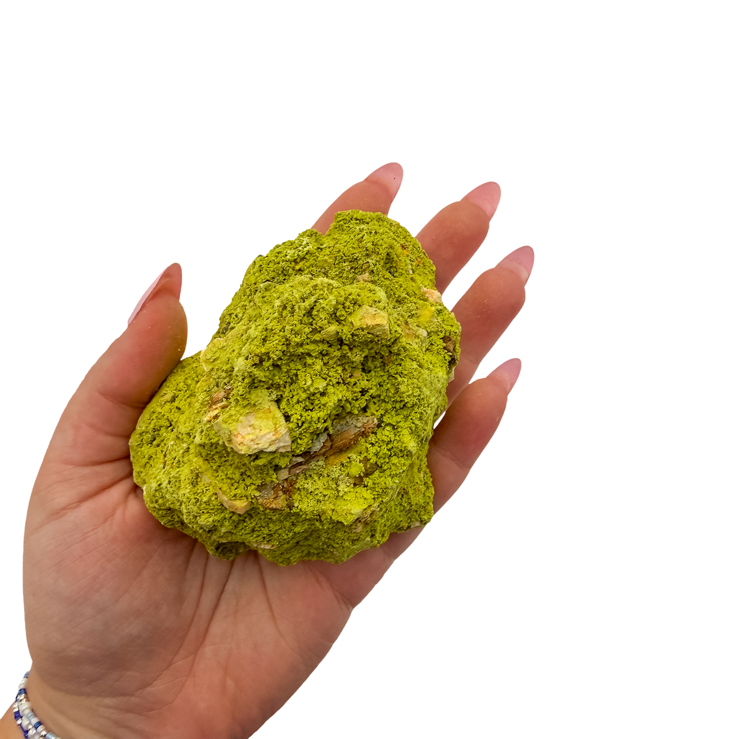 Nontronite specimen no. 25 held in an open hand, showing the true size of this 3.67 inch, 210 gram piece.