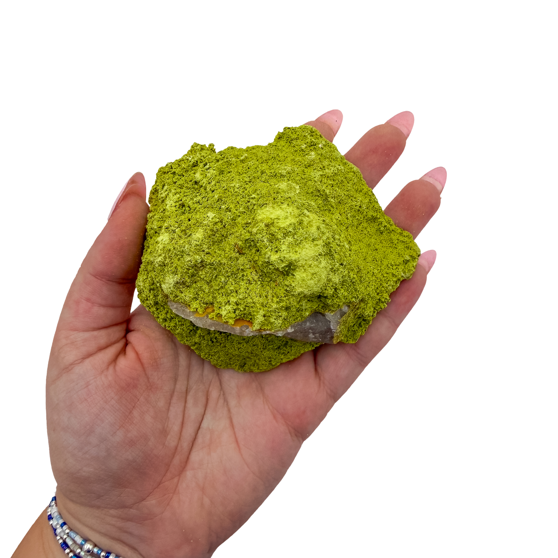 Nontronite no. 28 cupped in a hand, giving a sense of the 1.59 inch height and 160 gram weight.