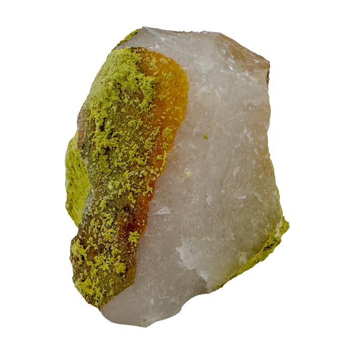 Raw nontronite collector specimen from Minas Gerais, Brazil, chartreuse-green botryoidal mineral on quartz, specimen 4, view 1