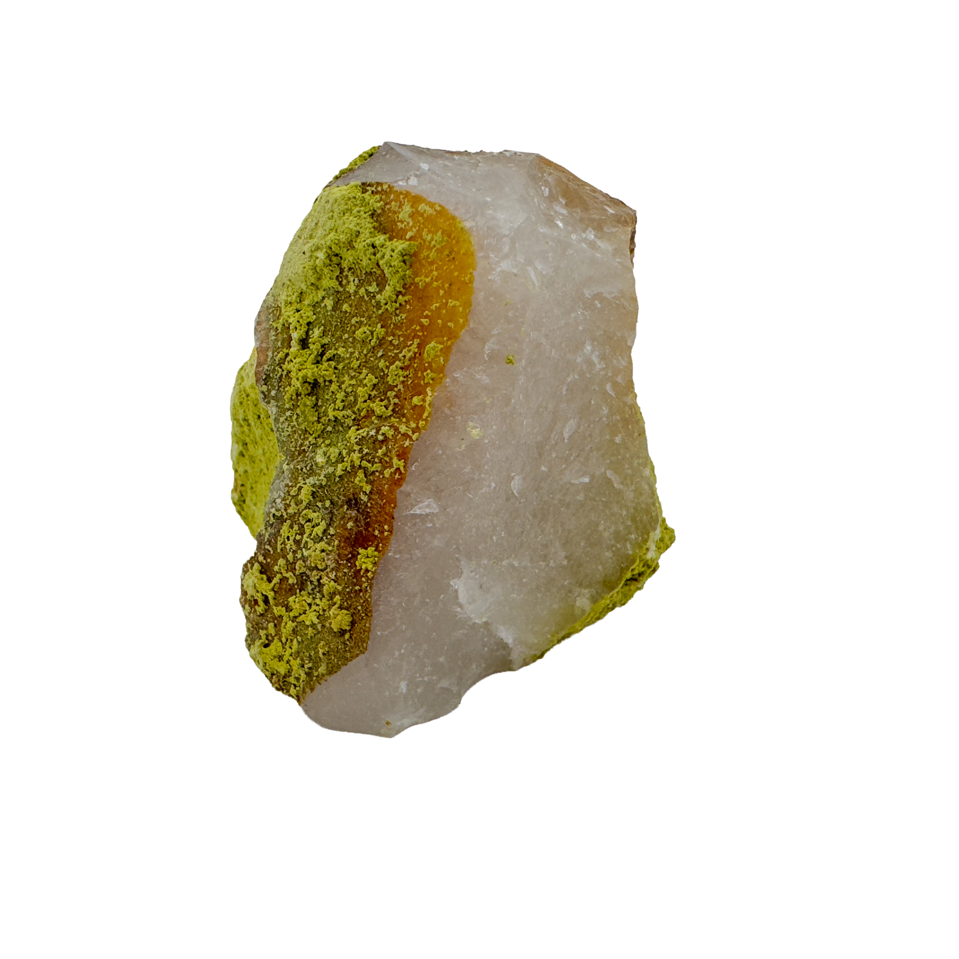 Raw nontronite collector specimen from Minas Gerais, Brazil, chartreuse-green botryoidal mineral on quartz, specimen 4, view 1