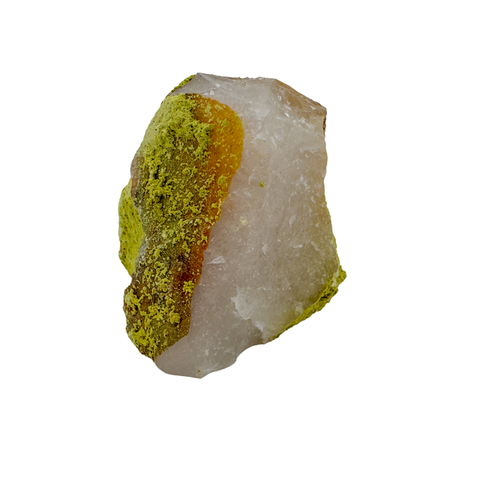 Raw nontronite collector specimen from Minas Gerais, Brazil, chartreuse-green botryoidal mineral on quartz, specimen 4, view 1