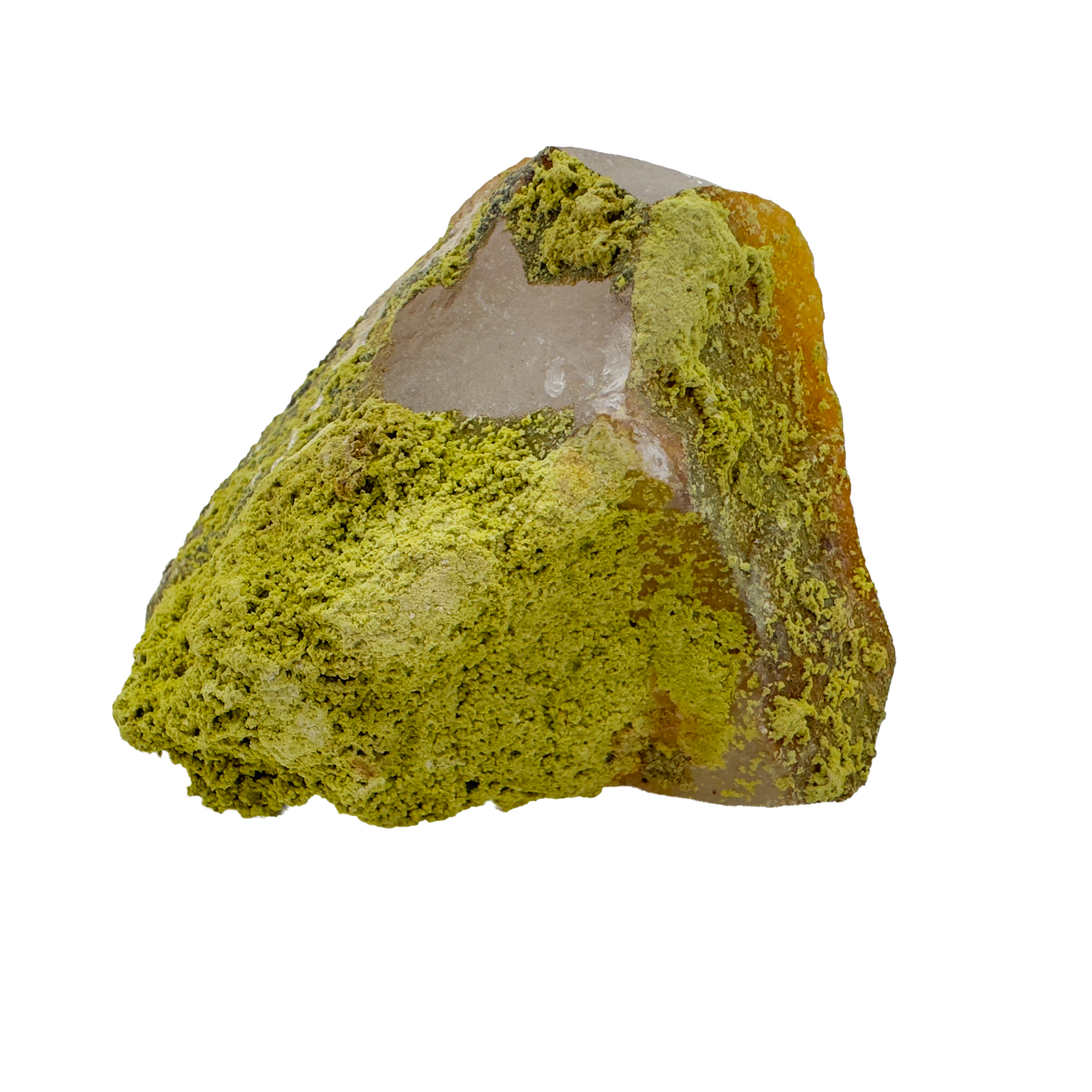 Raw nontronite collector specimen from Minas Gerais, Brazil, chartreuse-green botryoidal mineral on quartz, specimen 4, view 2