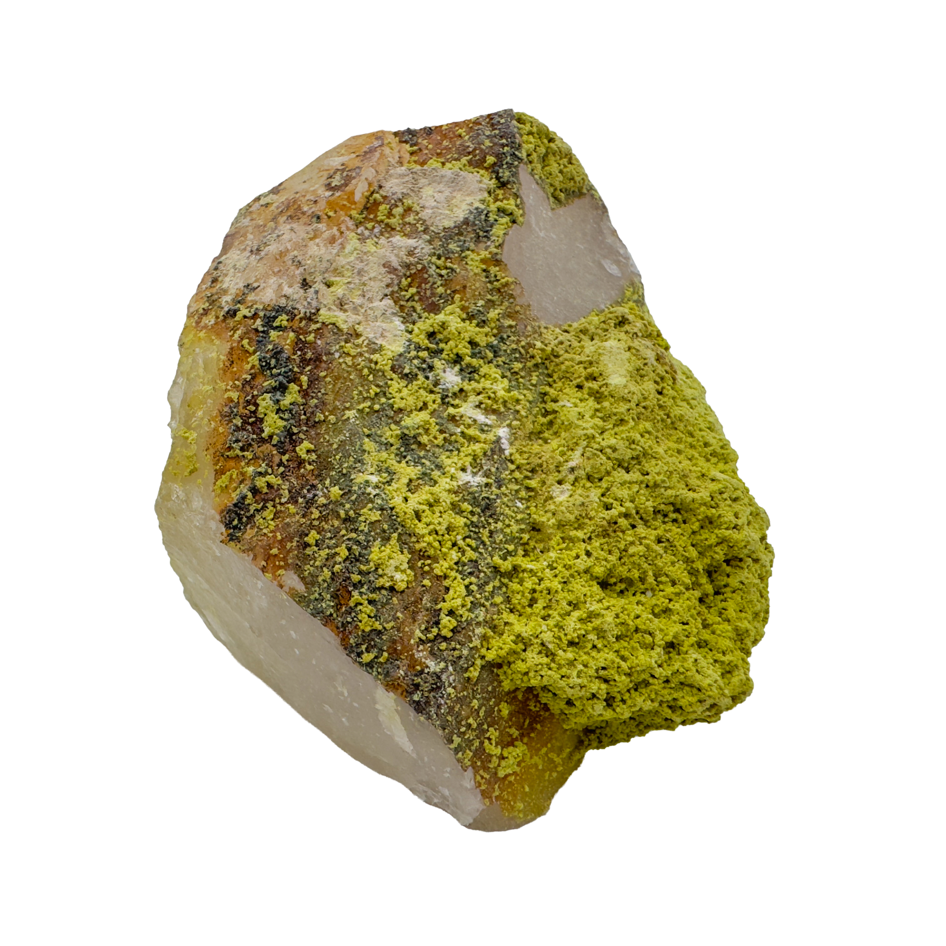 Raw nontronite collector specimen from Minas Gerais, Brazil, chartreuse-green botryoidal mineral on quartz, specimen 4, view 3