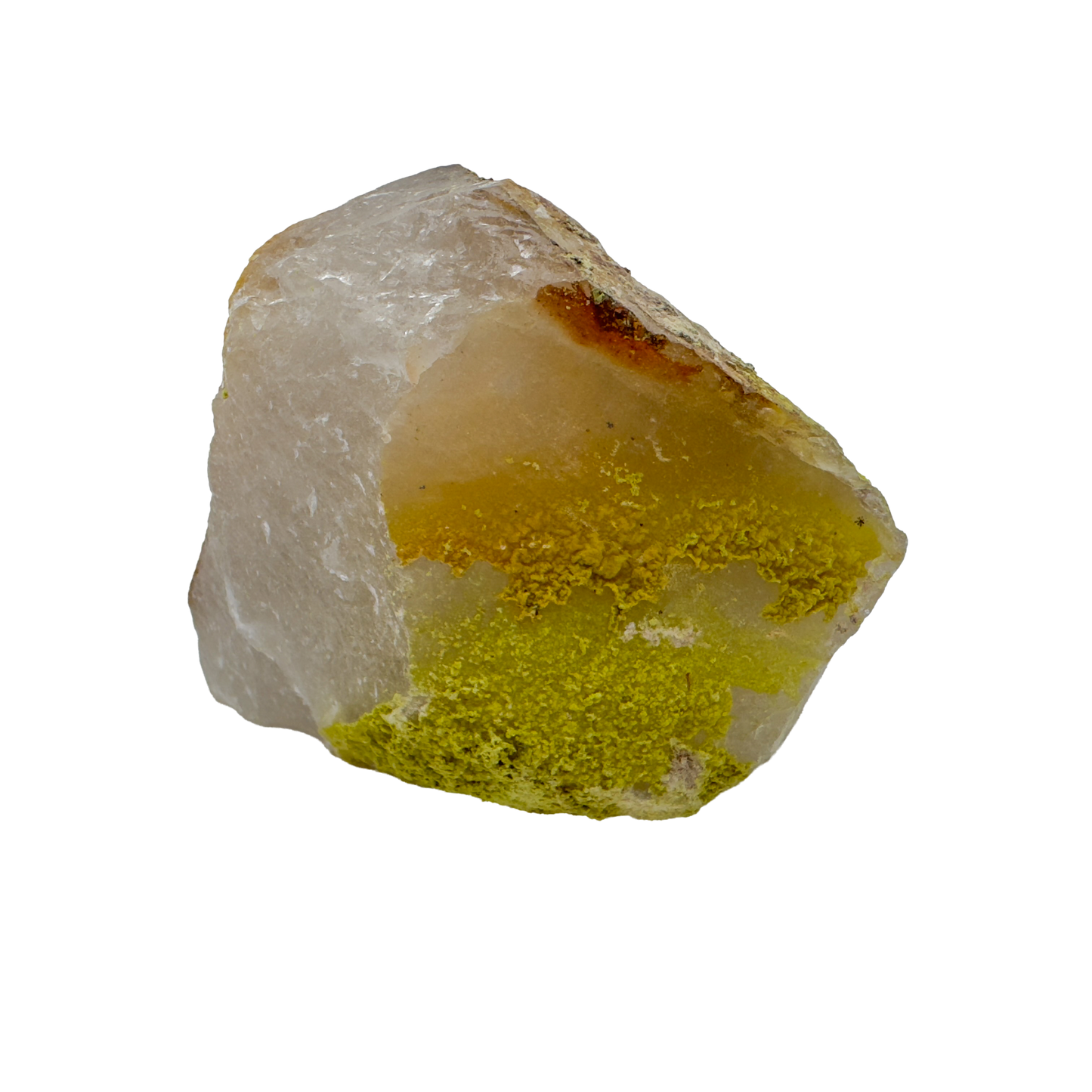 Raw nontronite collector specimen from Minas Gerais, Brazil, chartreuse-green botryoidal mineral on quartz, specimen 4, view 4