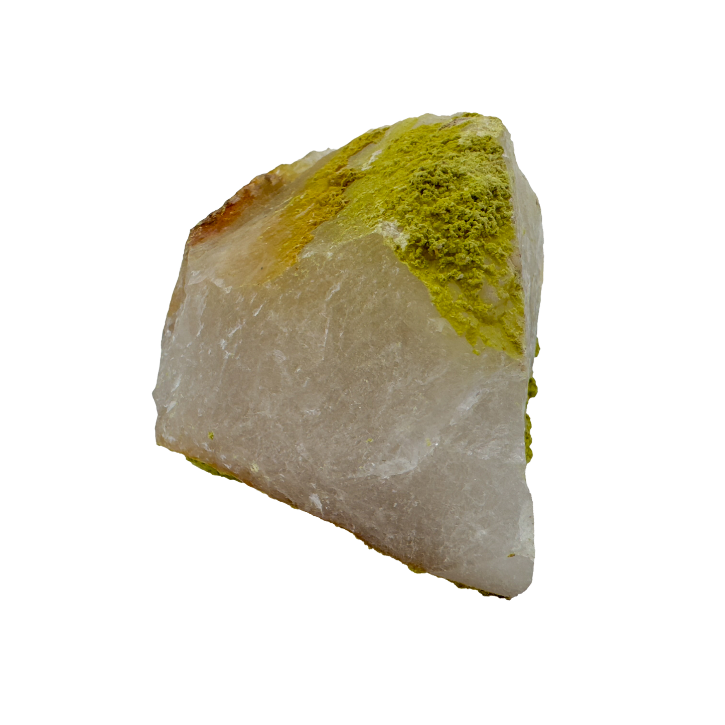 Raw nontronite collector specimen from Minas Gerais, Brazil, chartreuse-green botryoidal mineral on quartz, specimen 4, view 5