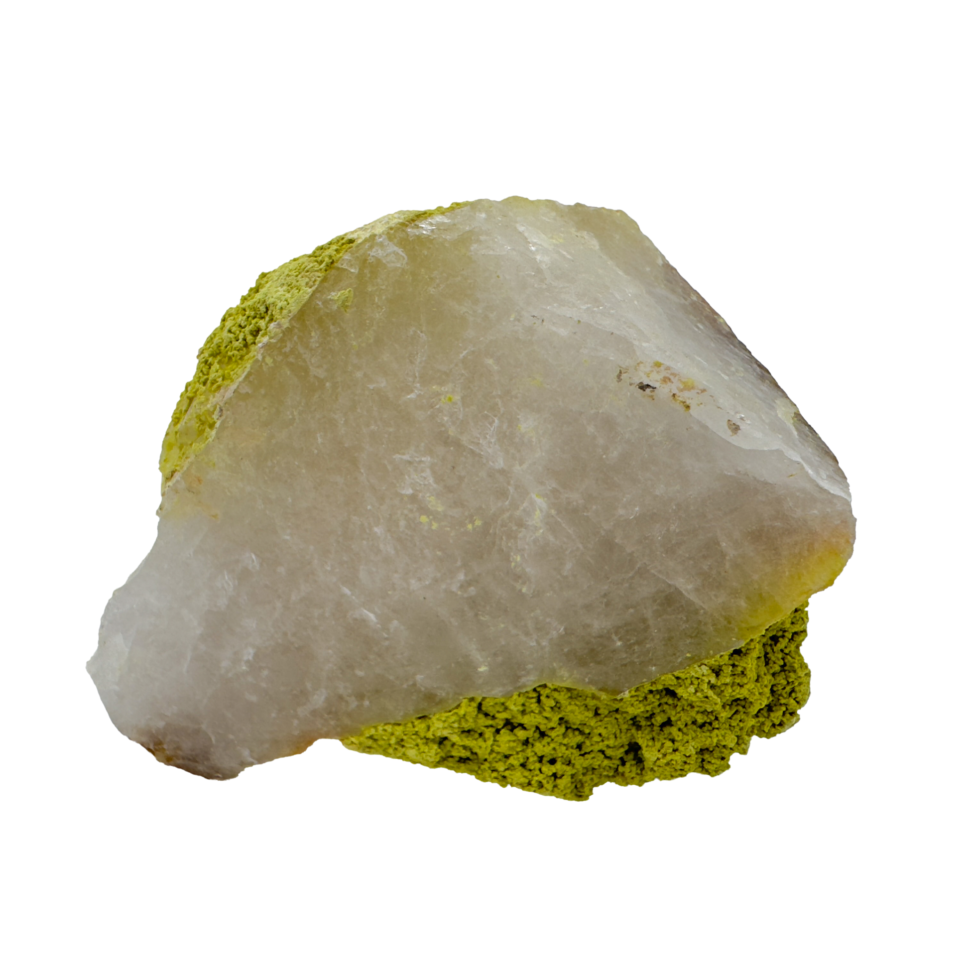 Raw nontronite collector specimen from Minas Gerais, Brazil, chartreuse-green botryoidal mineral on quartz, specimen 4, view 6