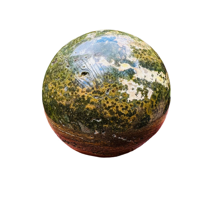 Back view of Grade AA Ocean Jasper sphere showing natural surface