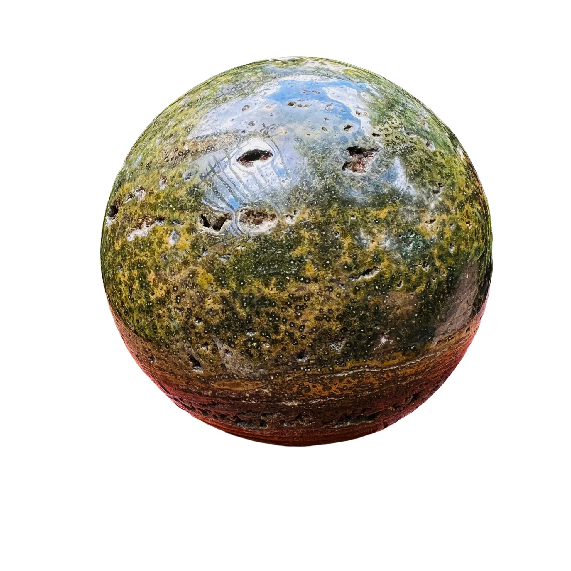 Detail shot of Grade AA Ocean Jasper sphere under natural light