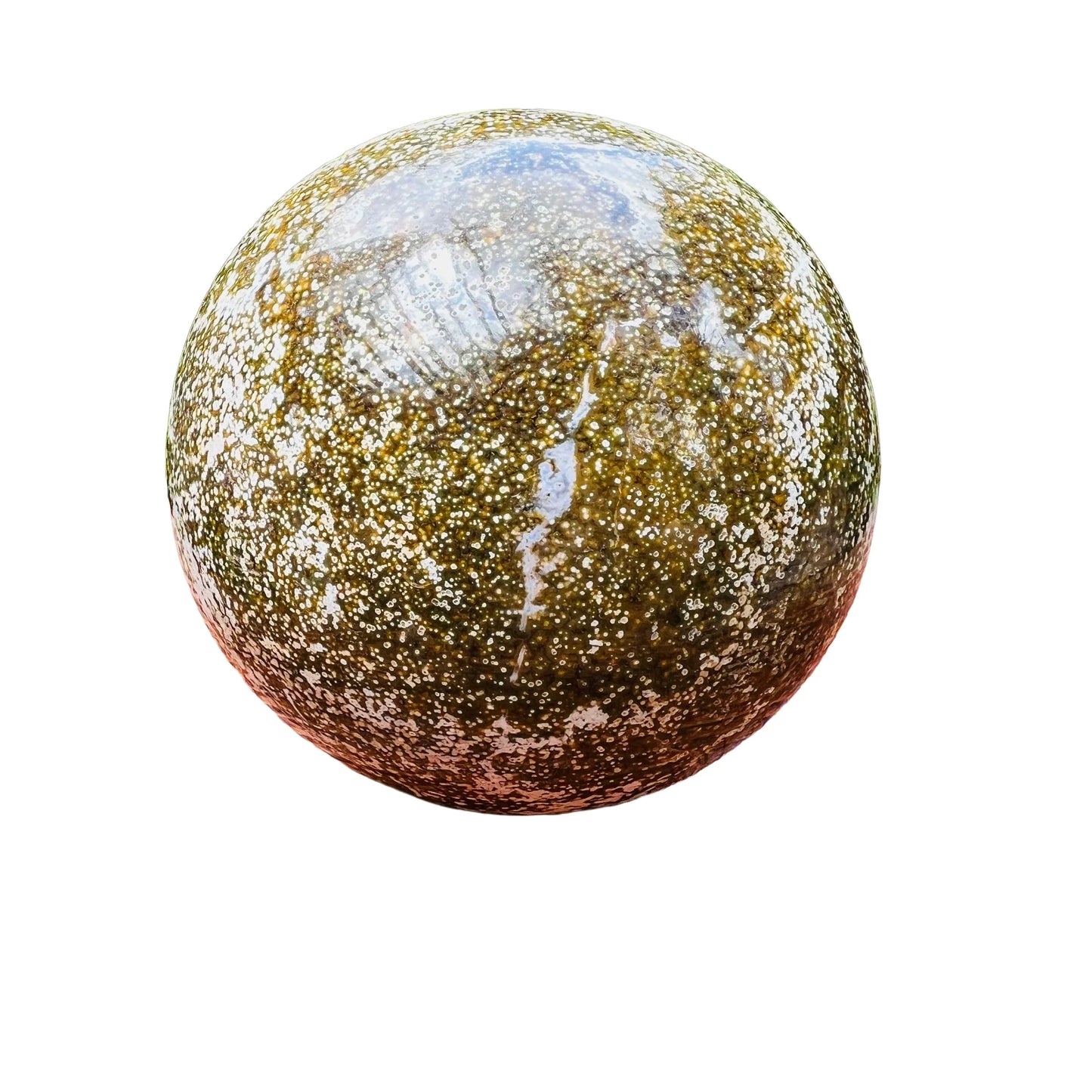Up-close view of Ocean Jasper polished sphere, showing natural sheen.