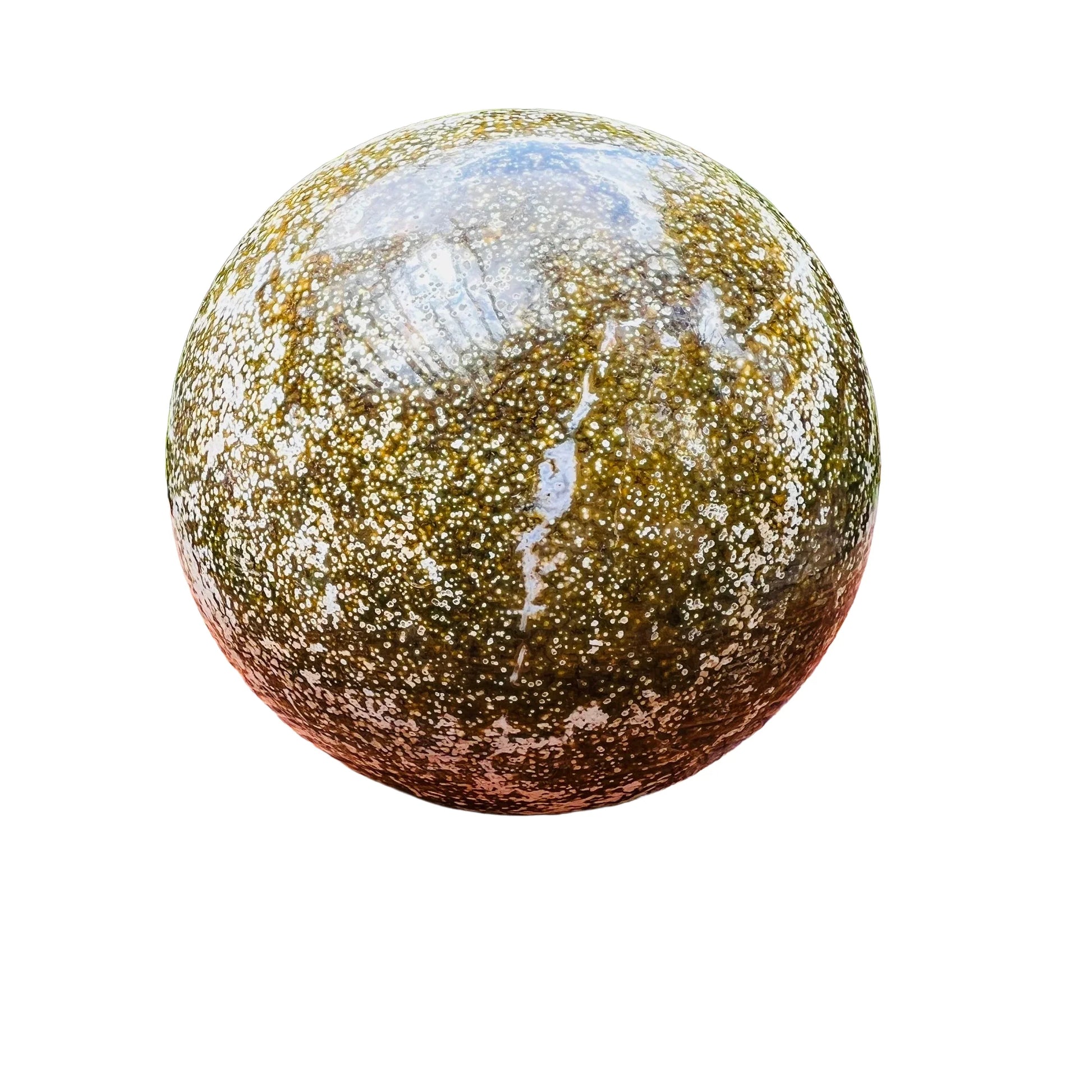 Up-close view of Ocean Jasper polished sphere, showing natural sheen.