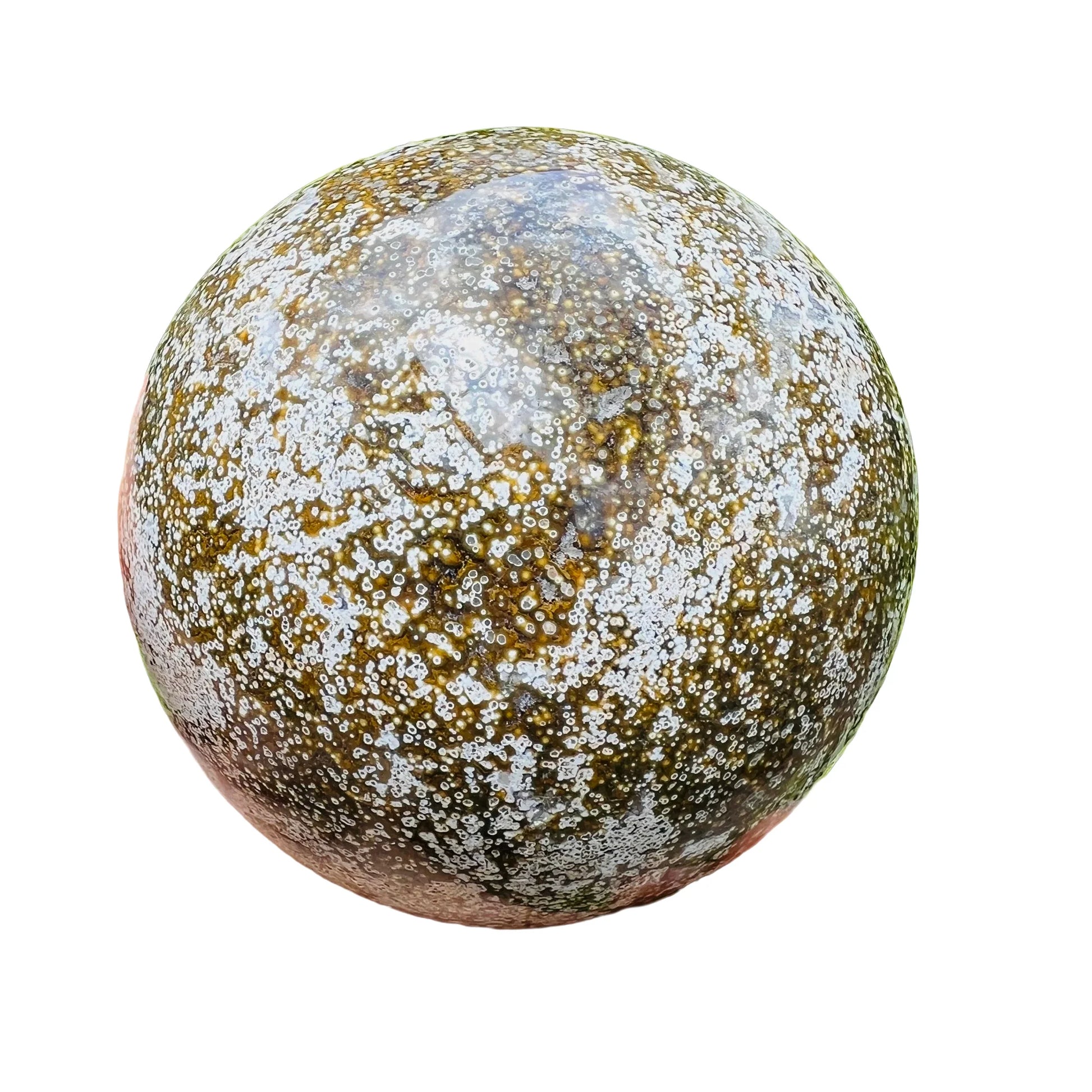 Top-down shot of Grade AA Ocean Jasper polished sphere, Madagascar-sourced.