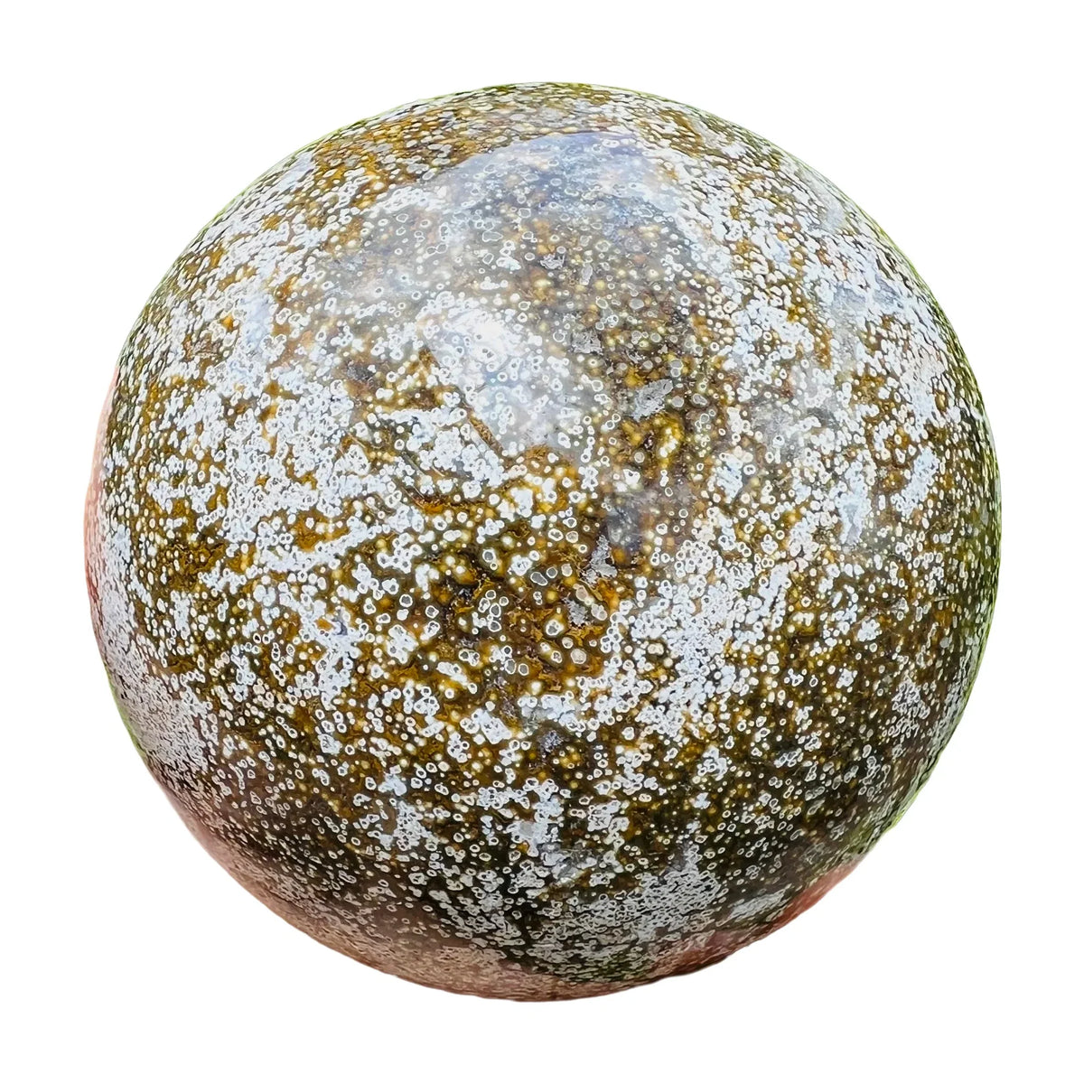 Top-down shot of Grade AA Ocean Jasper polished sphere, Madagascar-sourced.
