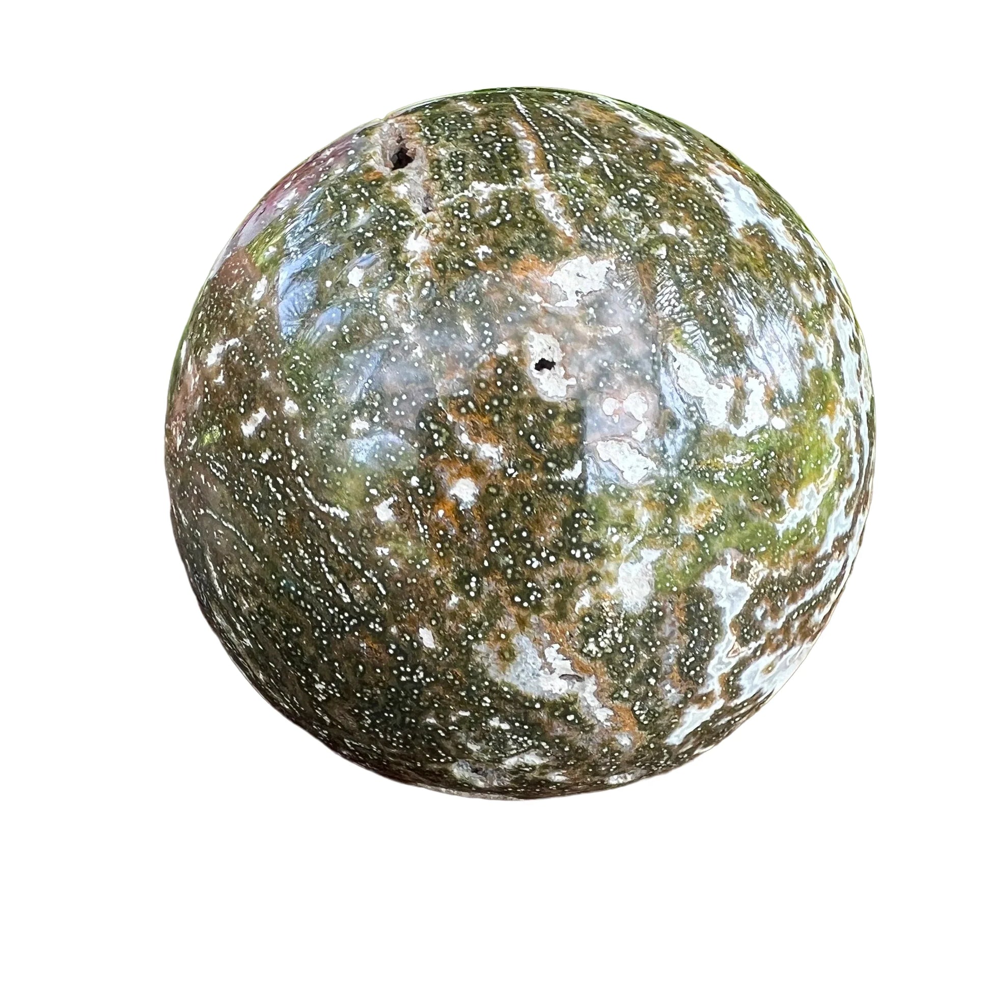 Close detail of green Ocean Jasper polished sphere, from Madagascar, turned to for Emotional Healing and Stress Relief.