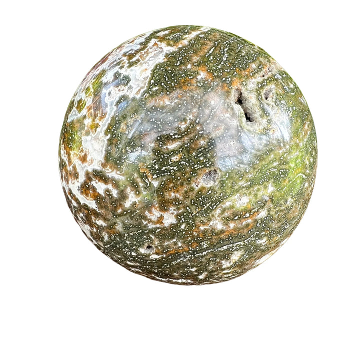Top-side view of Grade AA Ocean Jasper polished sphere, drawn on for Emotional Healing and Stress Relief, sourced from Sofia.