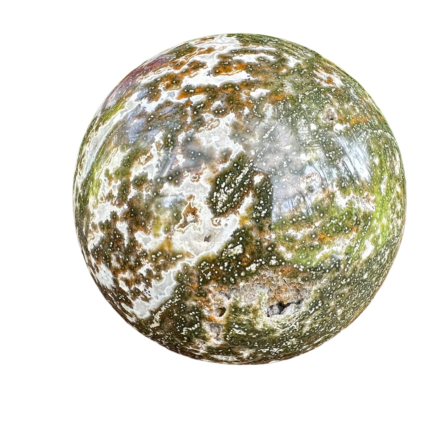 Alternate side of Ocean Jasper polished sphere, showing natural texture, drawn on for Emotional Healing and Stress Relief.