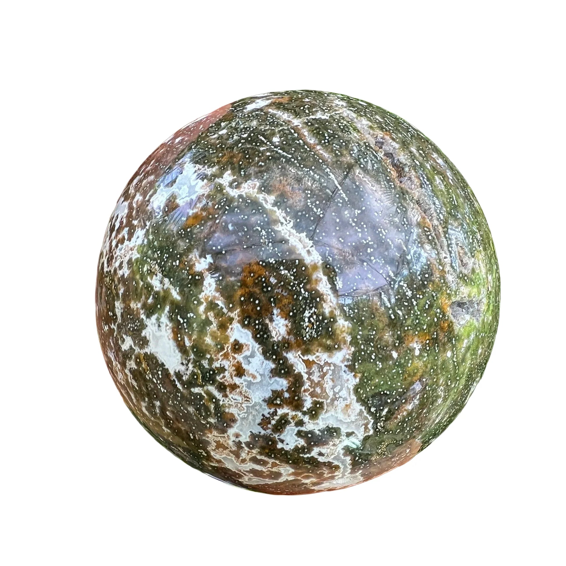 Back view of Grade AA Ocean Jasper sphere showing natural surface