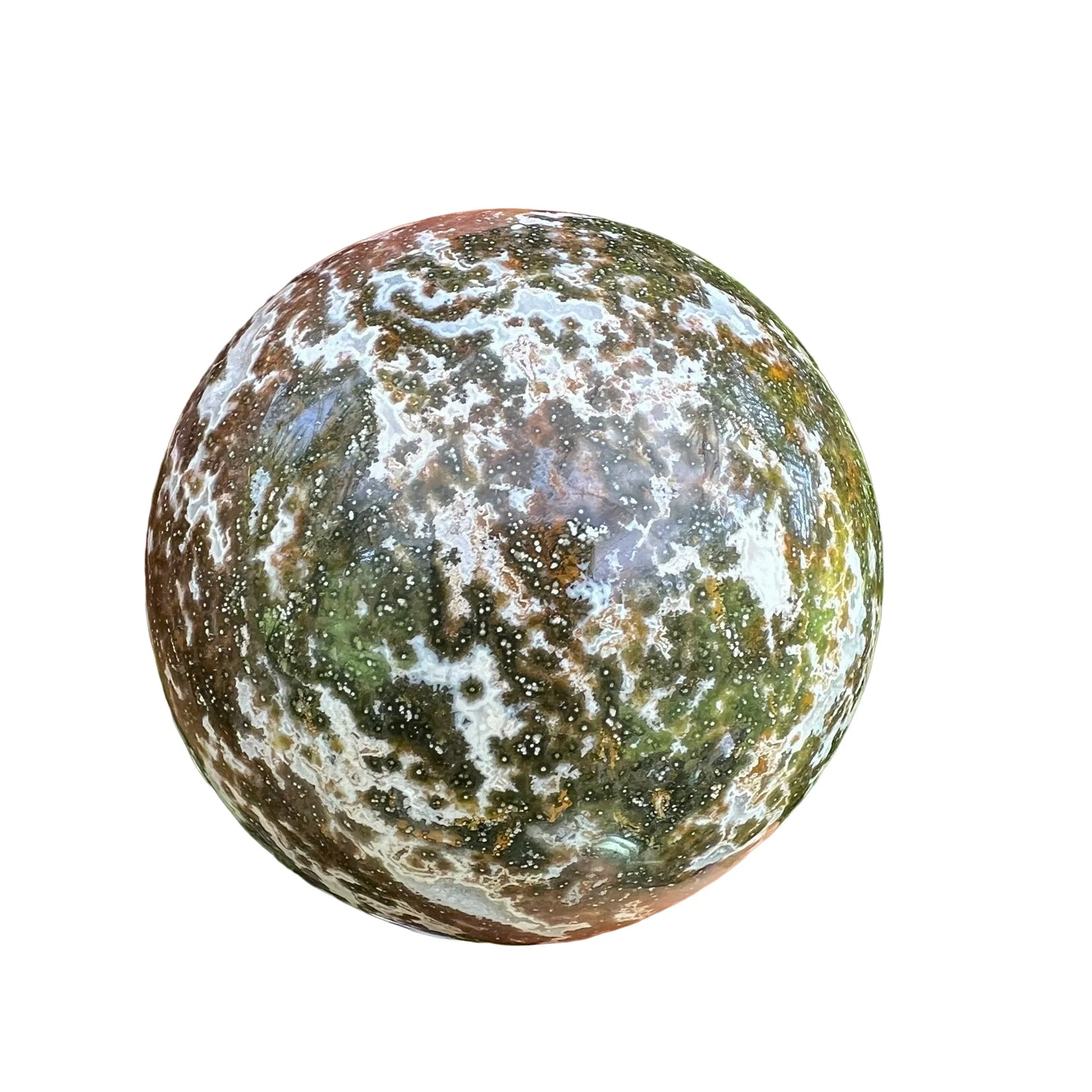 Detail shot of Grade AA Ocean Jasper sphere under natural light