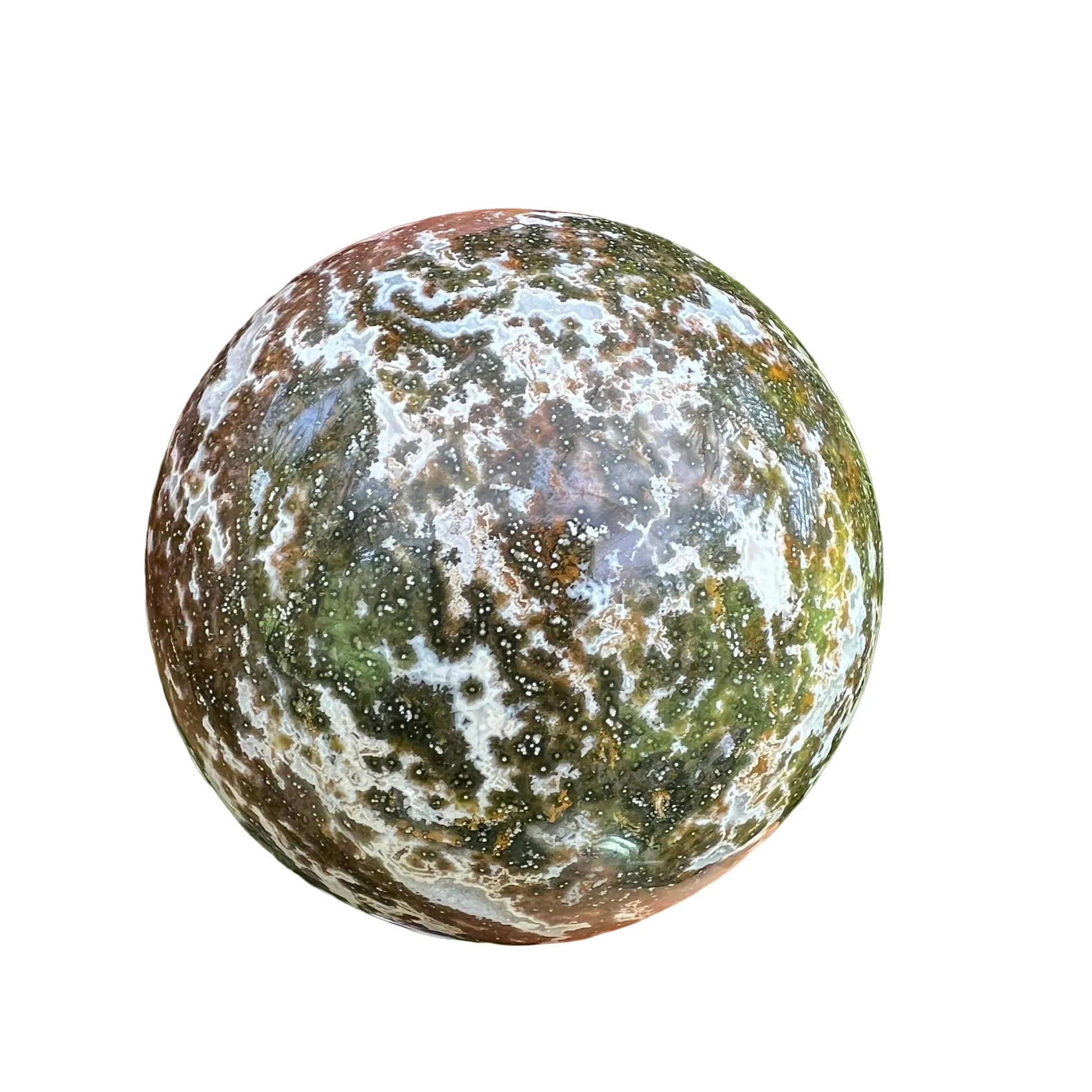 Detail shot of Grade AA Ocean Jasper sphere under natural light