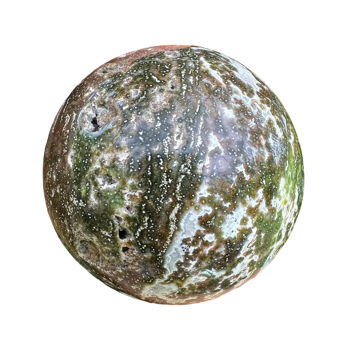Full profile of Grade AA Ocean Jasper sphere ready to ship from Beyond Bohemian