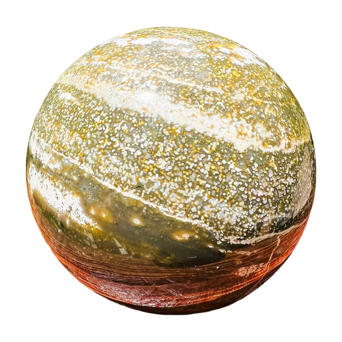 Edge-on view of Grade AA Ocean Jasper polished sphere, showing matte finish, sourced from Madagascar.