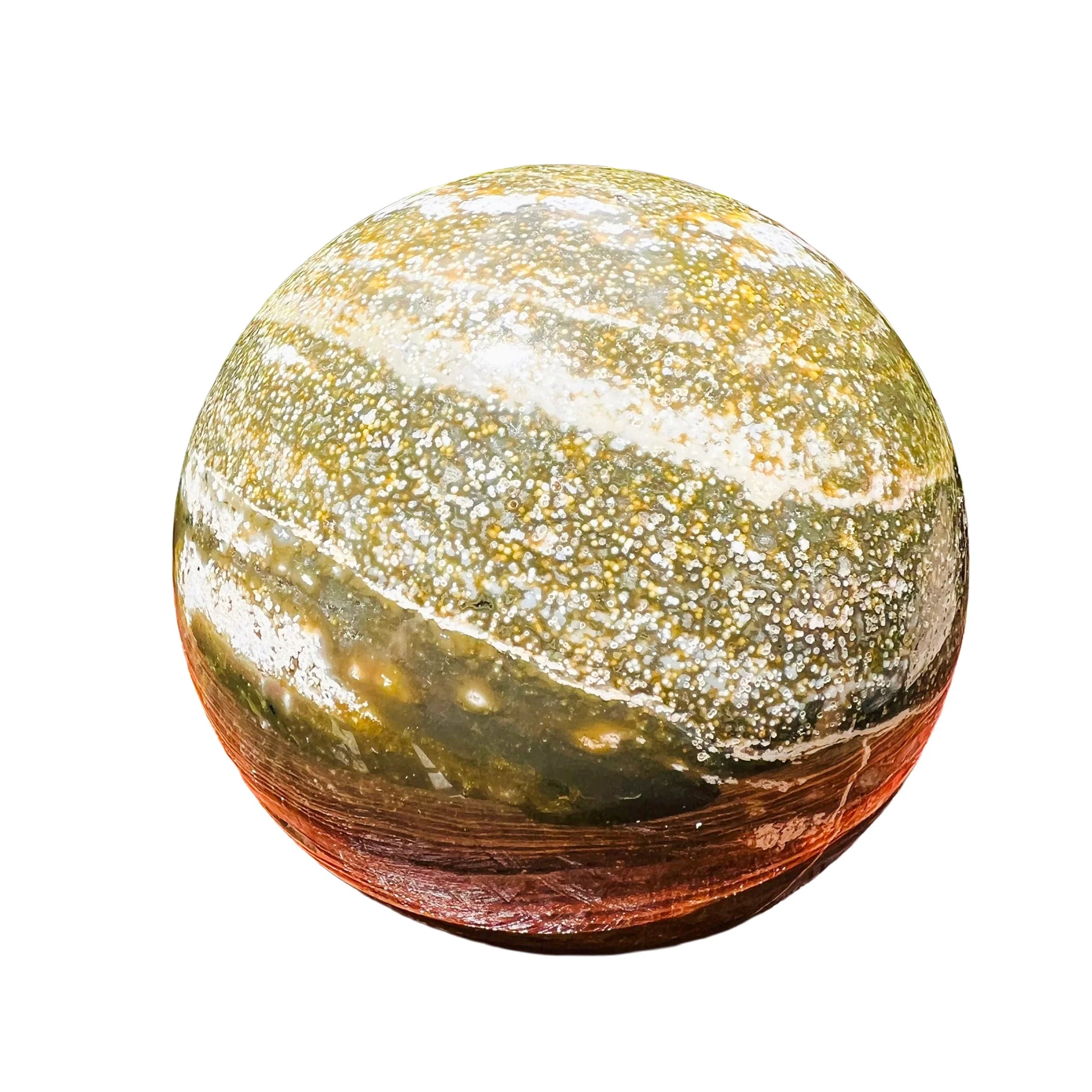 Edge-on view of Grade AA Ocean Jasper polished sphere, showing matte finish, sourced from Madagascar.