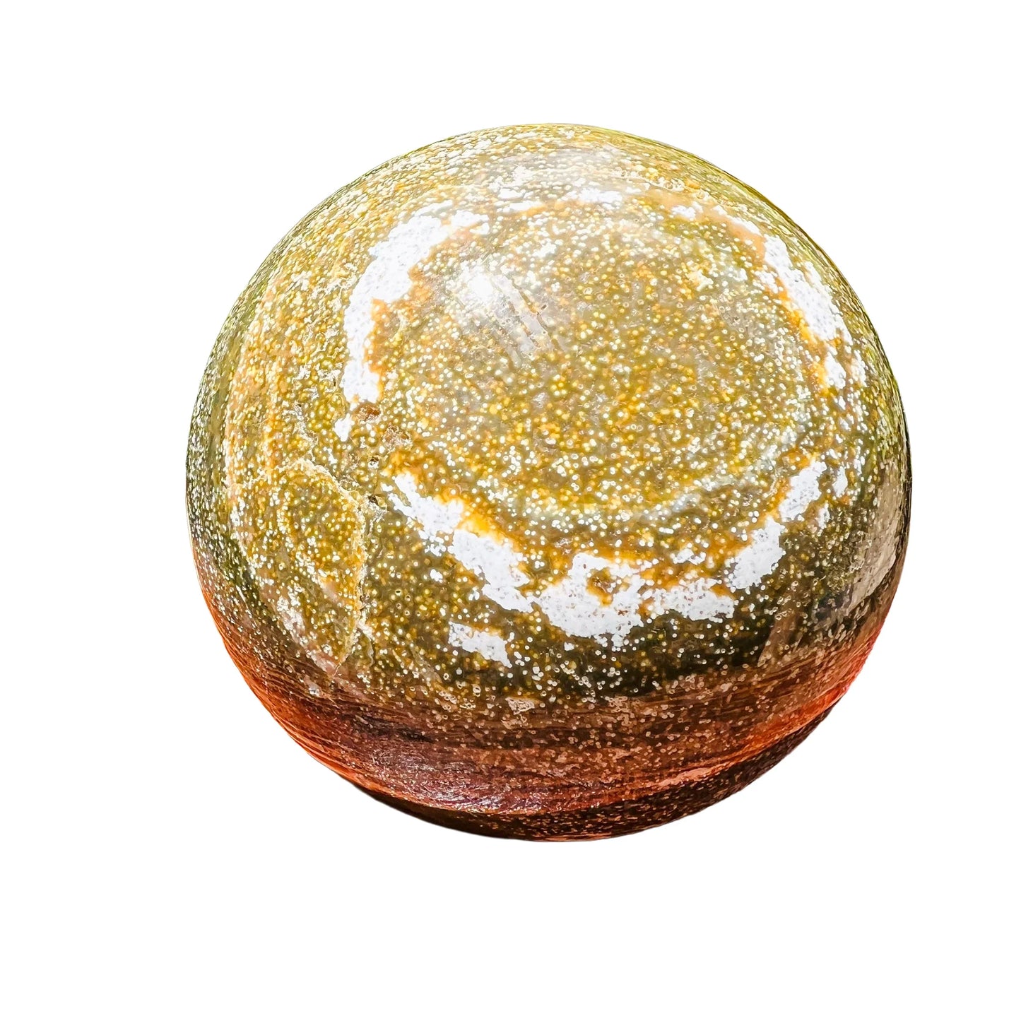 Overhead angle of Grade AA green Ocean Jasper polished sphere, Madagascar-sourced, for Emotional Healing.