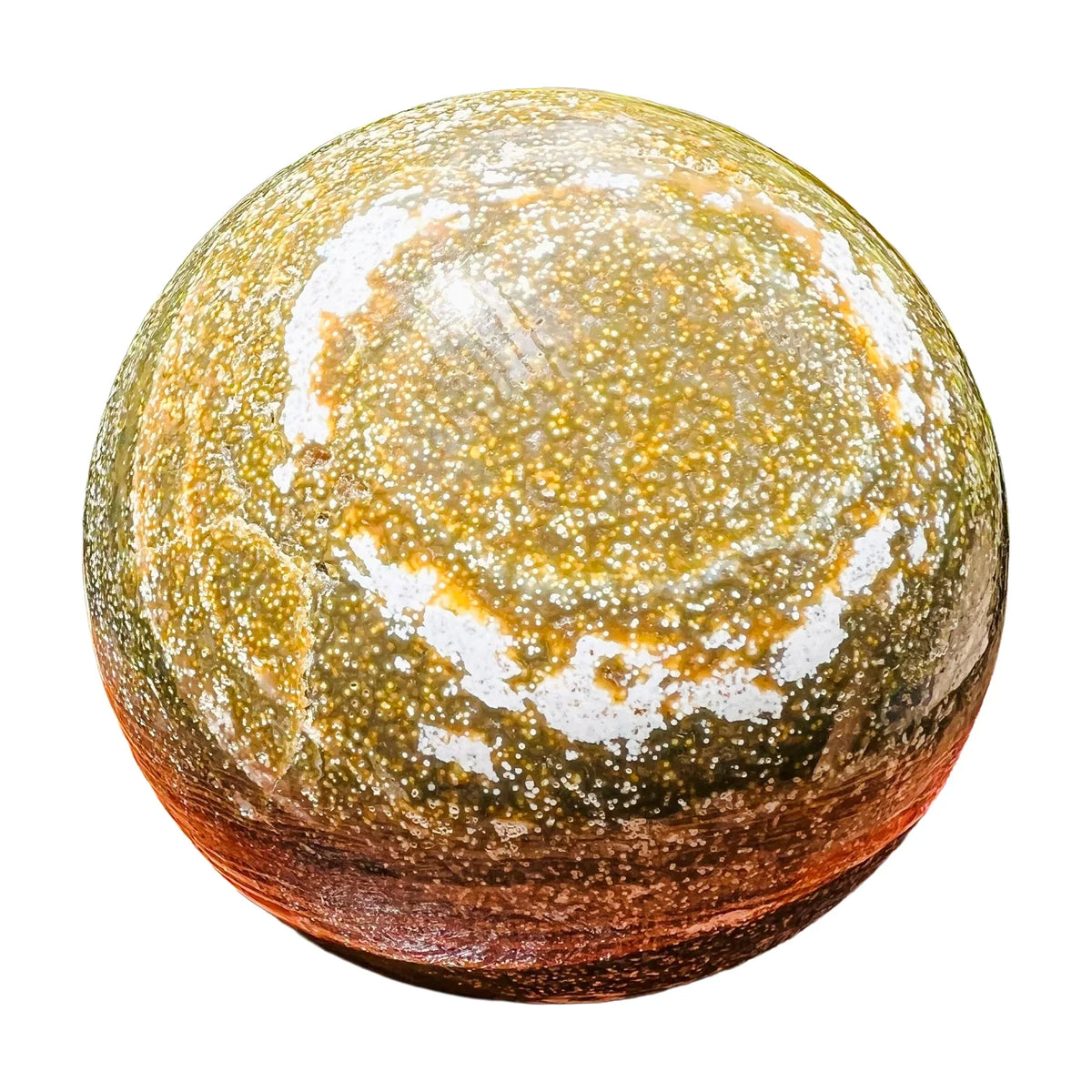 Overhead angle of Grade AA green Ocean Jasper polished sphere, Madagascar-sourced.