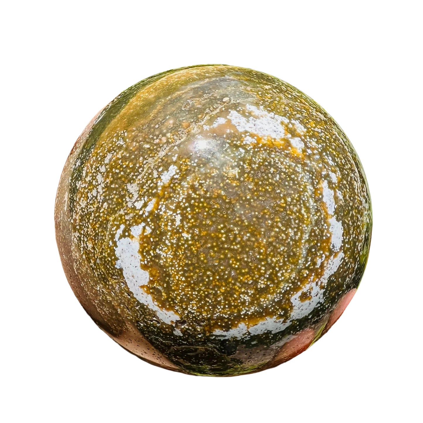 Underside detail of Grade AA Ocean Jasper polished sphere, from Madagascar, for Emotional Healing.
