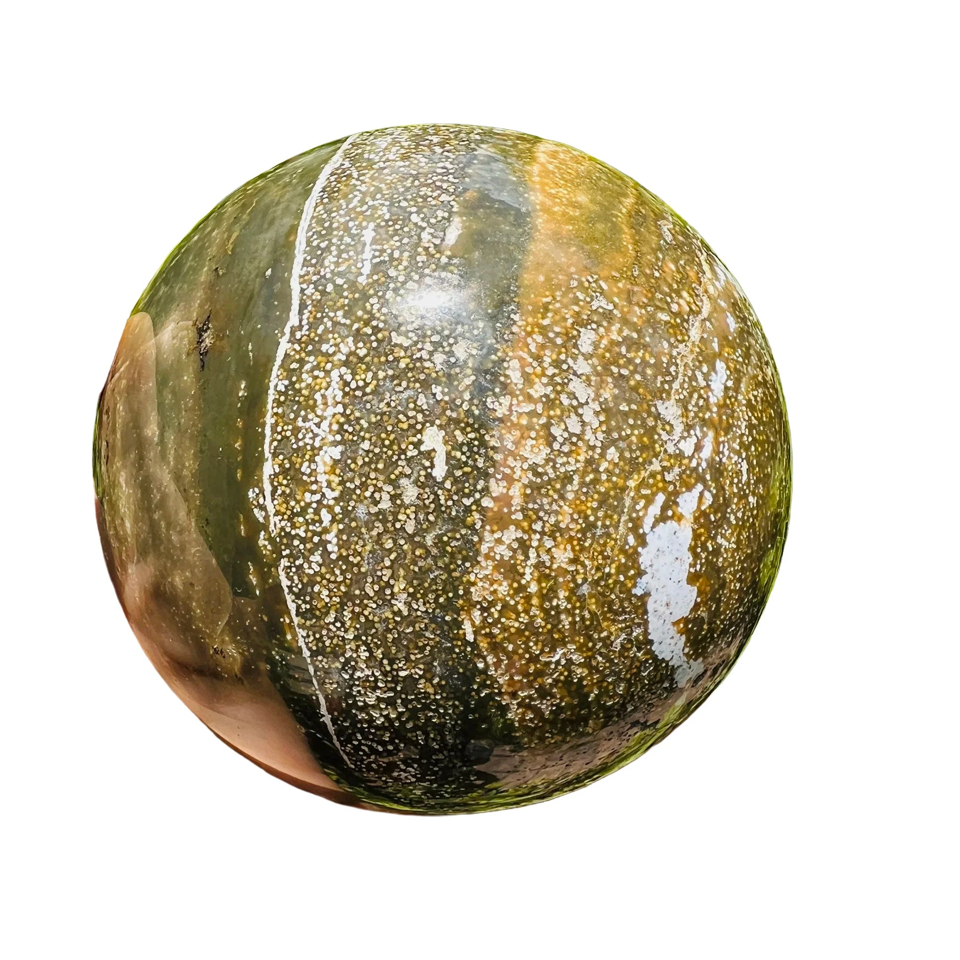 Hand-scale shot of a Ocean Jasper polished sphere for Emotional Healing.