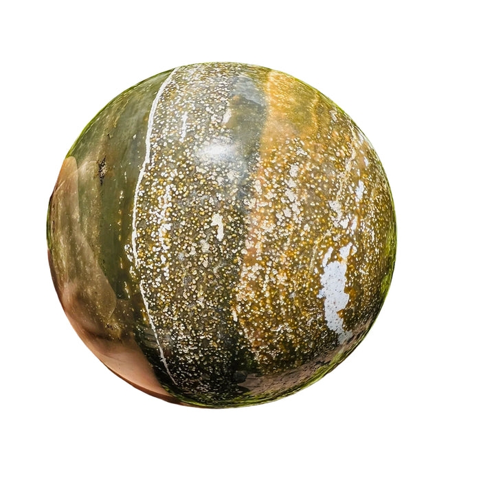 Hand-scale shot of a Ocean Jasper polished sphere for Emotional Healing.