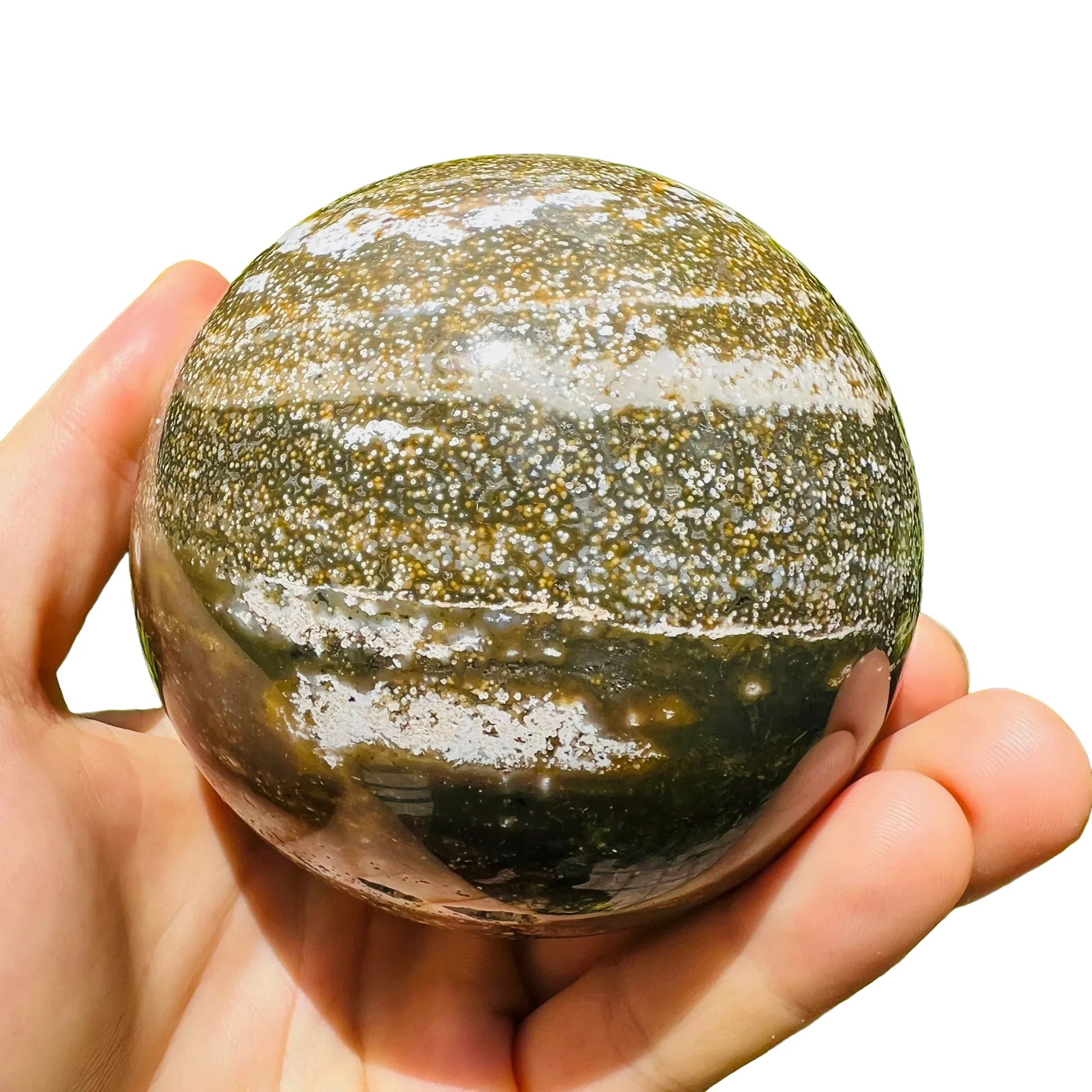 Back view of Grade AA Ocean Jasper sphere showing natural surface