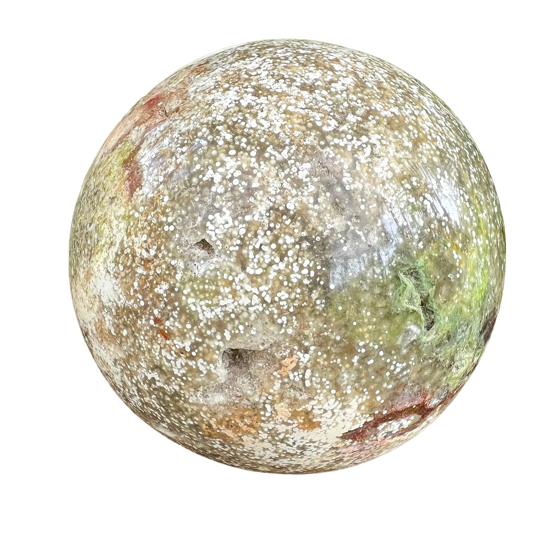 Overhead view of Ocean Jasper polished sphere, often paired with practices around Emotional Healing.