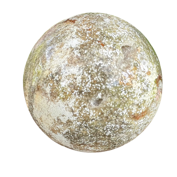 Bottom side of Ocean Jasper polished sphere, from Madagascar, showing characteristic color.