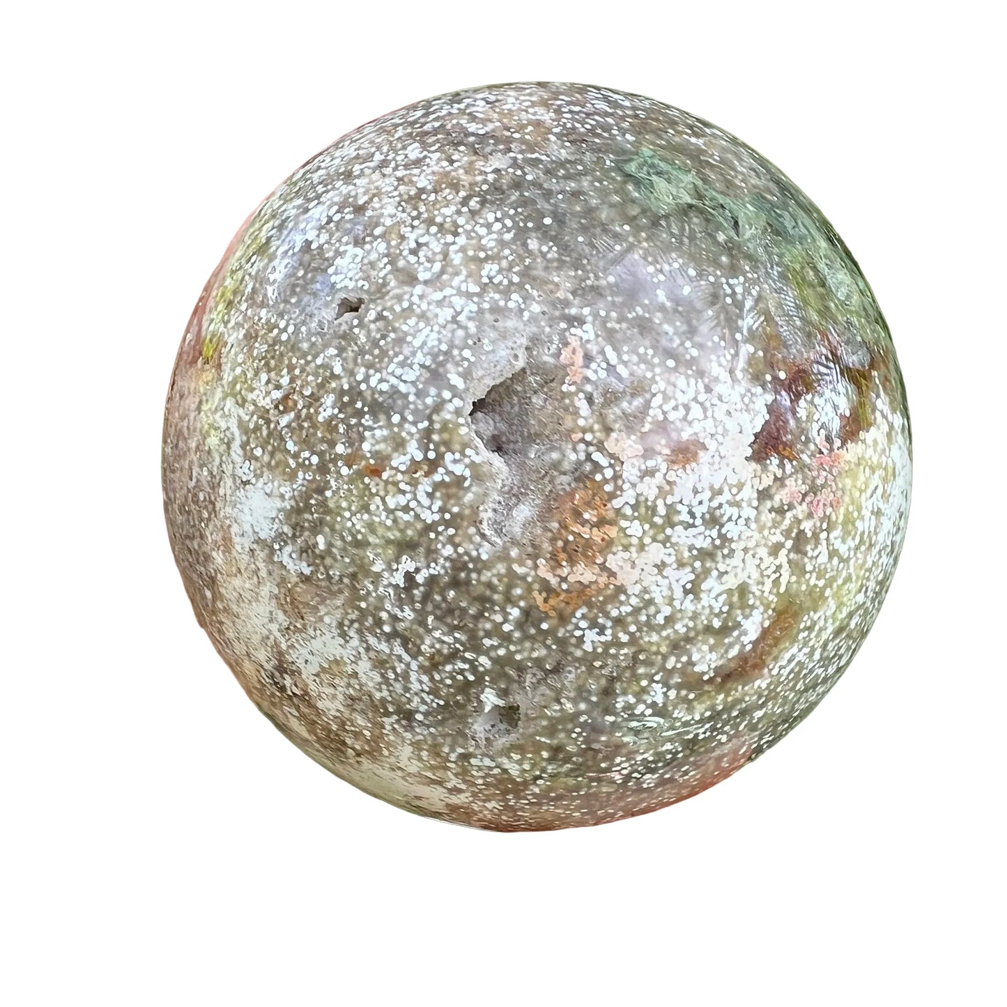 Palm-scale view of a Ocean Jasper polished sphere to support Emotional Healing.