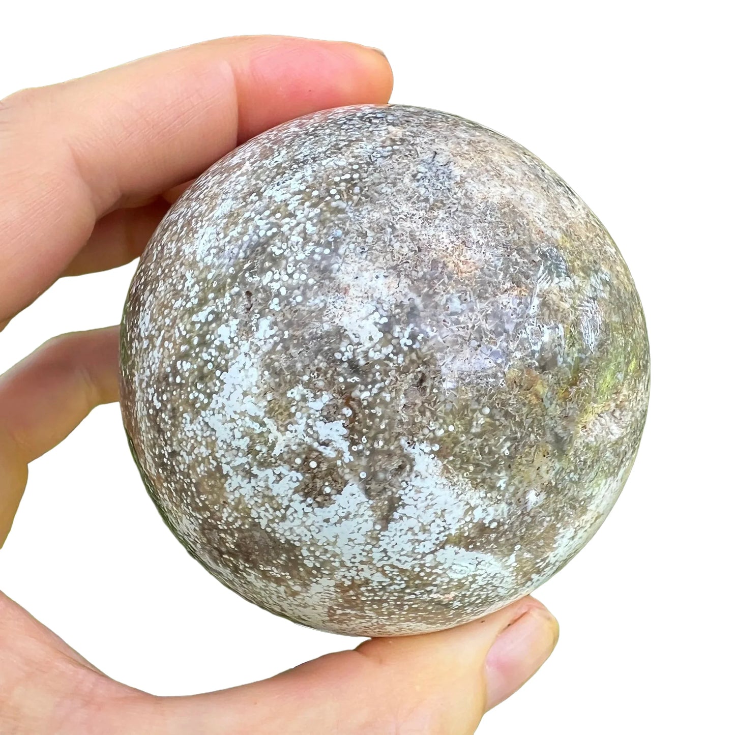 Back view of Grade AA Ocean Jasper sphere showing natural surface